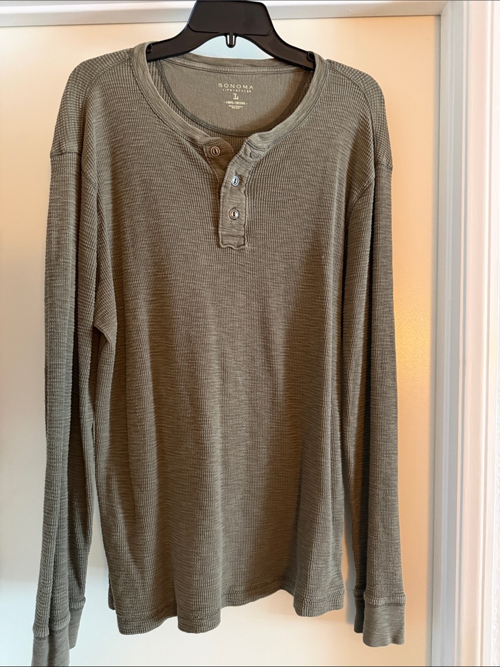 Sonoma Olive Green Waffle Knit Henley Long Sleeve Shirt -LG